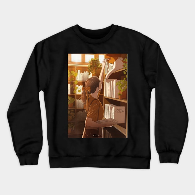 Book Lover Girl with Cat Crewneck Sweatshirt by la'lunadraw